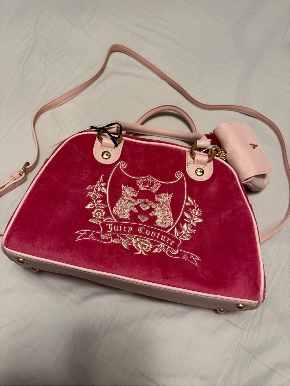 Juicy Couture Hot Pink Velvet Satchel with Light Pink Trim